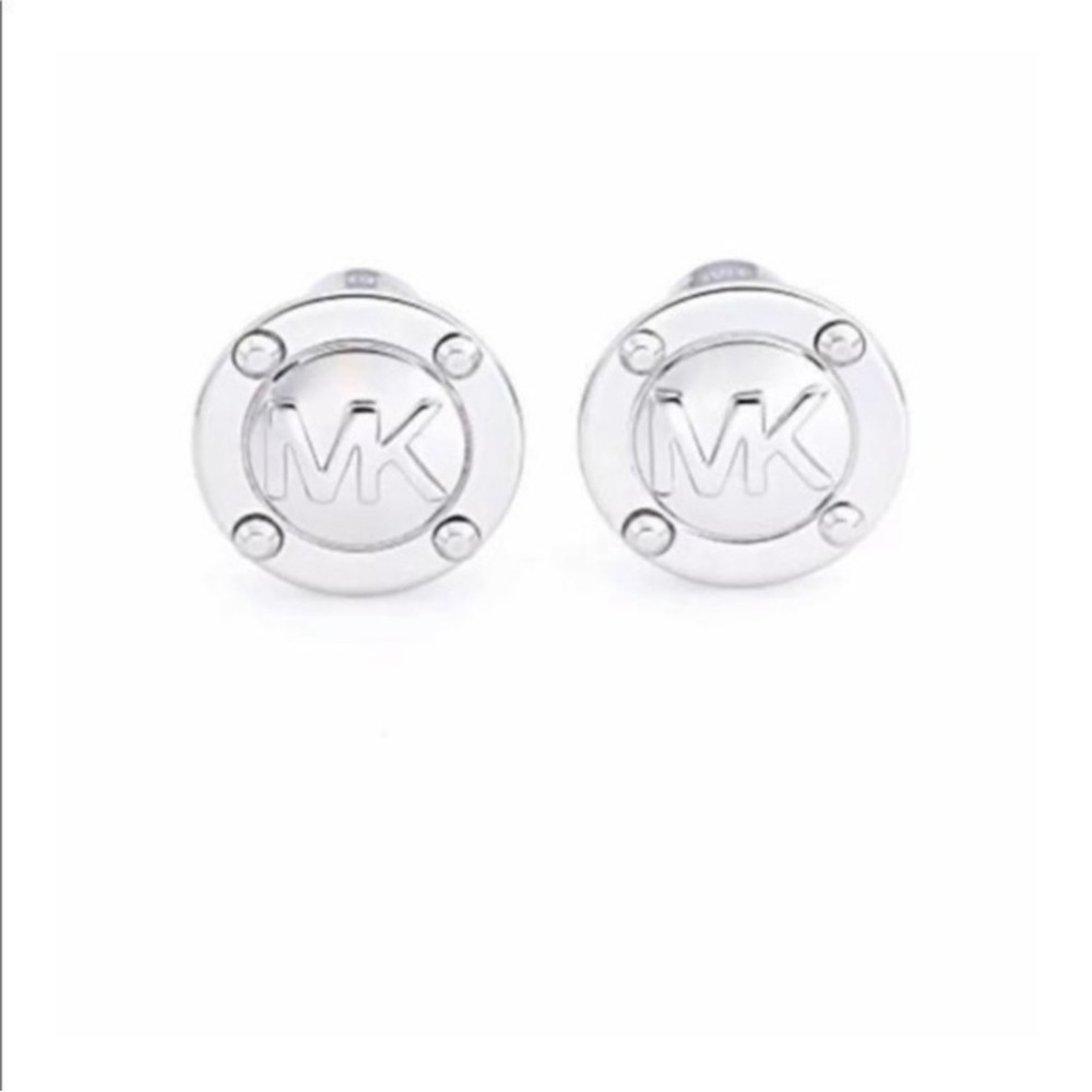 Michael Kors Silver Tone MK Logo Stud Earrings Classic Designer NWT - Picture 2 of 2